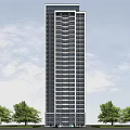 Modern High Rise Building Exterior Surrounded by Trees Under Blue Sky