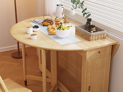 Wooden Foldable Dining Table Set with Cabinet and Drawer Featuring Fruits Bread Plant and Basket 3d model