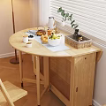 Wooden Foldable Dining Table Set with Cabinet and Drawer Featuring Fruits Bread Plant and Basket