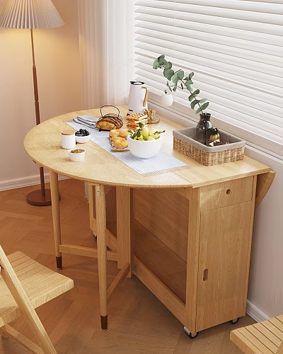 Wooden Foldable Dining Table Set with Cabinet and Drawer Featuring Fruits Bread Plant and Basket 3d model