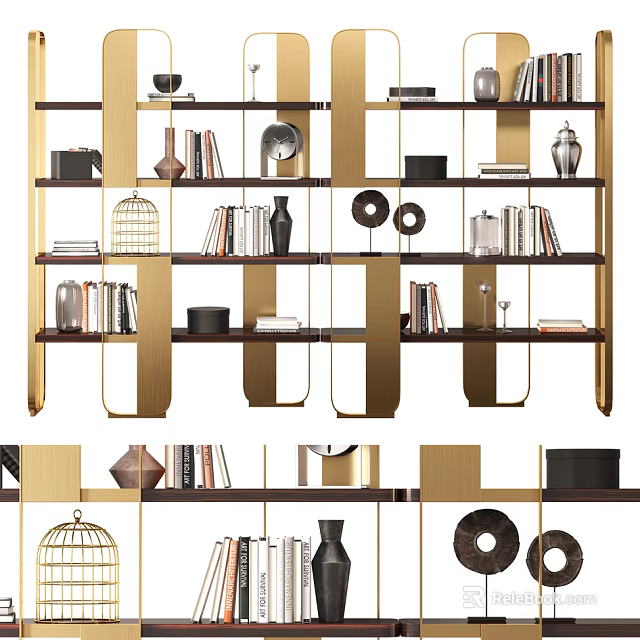 Modern Bookshelf Design With Golden Frame And Decorative Items Including Books Vases Ornaments 3d model 