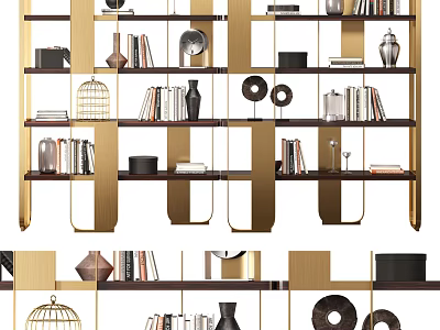 Modern Bookshelf Design With Golden Frame And Decorative Items Including Books Vases Ornaments 3d model