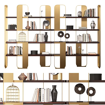 Modern Bookshelf Design With Golden Frame And Decorative Items Including Books Vases Ornaments 3d model