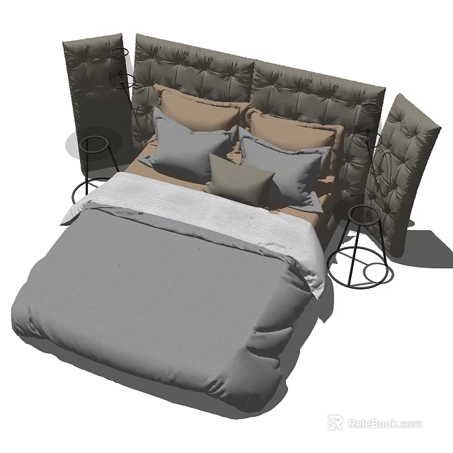 Modern Double Bed Interior Design With Tufted Headboard Gray Beige Bedding And Side Tables 3d model