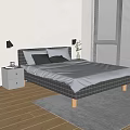 Double Bed With Plaid Frame Gray Mattress Pillows Nightstands And Wooden Floor