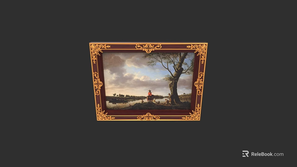 Oil Painting in Golden Ornate Frame with Landscape Scene Tree Sky and Figure 3d model 