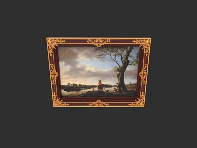 Oil Painting in Golden Ornate Frame with Landscape Scene Tree Sky and Figure 3d model