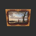Oil Painting in Golden Ornate Frame with Landscape Scene Tree Sky and Figure