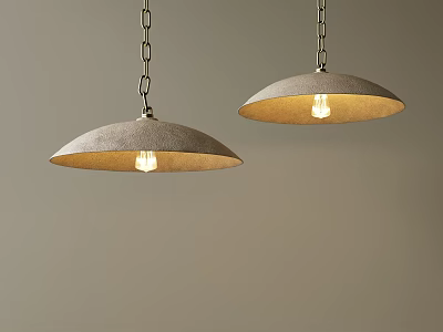 Two Modern Pendant Lights Hanging From Chains With Illuminated Bulbs Against Neutral Wall 3d model