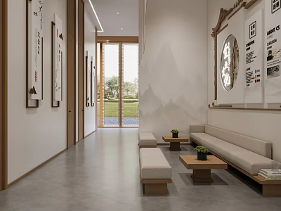 Chinese Style Lounge Corridor With Wall Decor Bench Small Tables And Natural Light 3d model