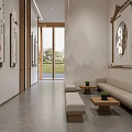 Chinese Style Lounge Corridor With Wall Decor Bench Small Tables And Natural Light