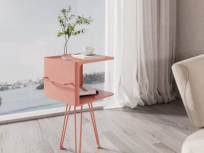 Elegant Pink Side Table With Metal Legs Plant Vase Cup And Book By Window Curtains 3d model