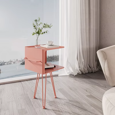 Elegant Pink Side Table With Metal Legs Plant Vase Cup And Book By Window Curtains 3d model