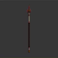 Ornate Red and Gold Staff Weapon with Spiral Pattern and Decorative Top Shaft