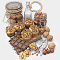 Fresh Chocolate Chip Muffins with Nuts and Cookies by Milk Bottle and Chocolate Chunks