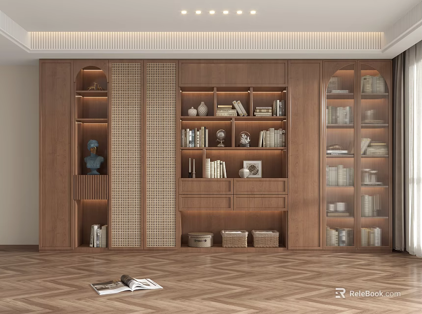 Modern Wooden Built in Bookcase with Multiple Shelves Books Decorations and Storage Baskets 3d model 