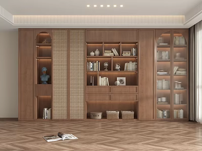 Modern Wooden Built in Bookcase with Multiple Shelves Books Decorations and Storage Baskets 3d model
