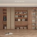 Modern Wooden Built in Bookcase with Multiple Shelves Books Decorations and Storage Baskets