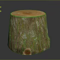 Natural Tree Stump with Cross Section Growth Rings and Green Moss on Dark Background