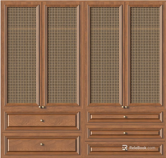 Elegant Wooden Wardrobe With Grid Panel Doors And Drawers For Storage 3d model 