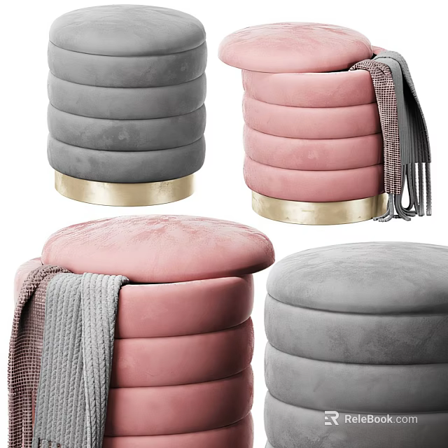 Gray And Pink Velvet Stools With Stacked Layers Gold Base And Cozy Blanket 3d model 