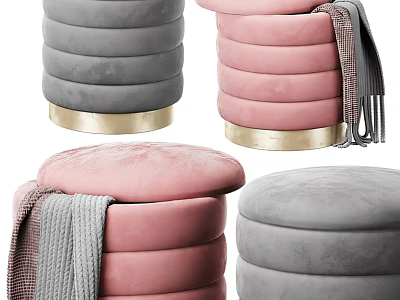 Gray And Pink Velvet Stools With Stacked Layers Gold Base And Cozy Blanket 3d model