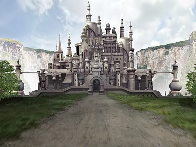 Cartoon Scene Featuring Fantasy Castle In Valley With Grass Trees Cliffs And Cloudy Sky 3d model
