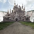 Cartoon Scene Featuring Fantasy Castle In Valley With Grass Trees Cliffs And Cloudy Sky
