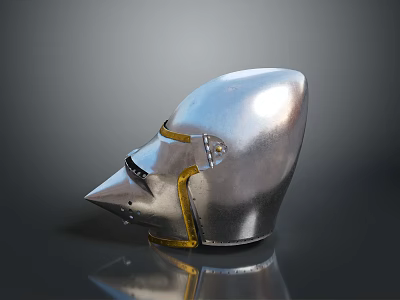 Silver Metallic Medieval Knight Helmet With Gold Accents And Pointed Visor Design 3d model