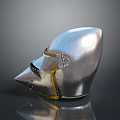 Silver Metallic Medieval Knight Helmet With Gold Accents And Pointed Visor Design