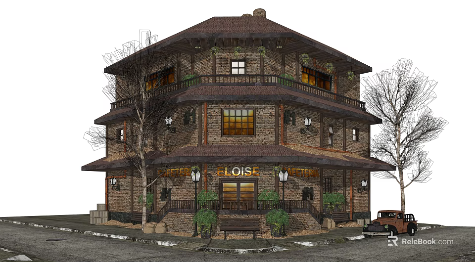 Rural Self built House With Two Story Brick Exterior Balconies Street Lamps Trees Vintage Car 3d model 
