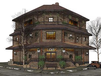 Rural Self built House With Two Story Brick Exterior Balconies Street Lamps Trees Vintage Car 3d model