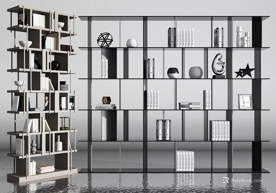 Modern Open Bookcase Design With Books Decorative Ornaments And Multiple Shelves 3d model 