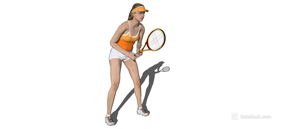 Woman In Orange Tank Top And White Shorts Playing Tennis With Racket And Ball 3d model 