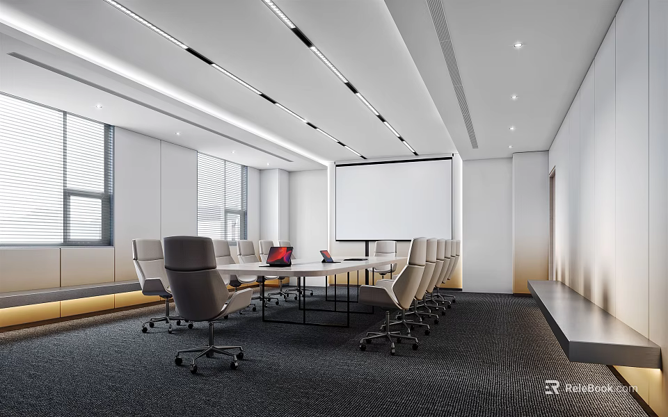 Modern Conference Room Interior Design With Long Conference Table Chairs Projection Screen And Windows 3d model 