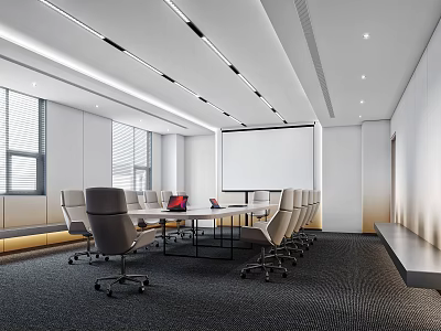 Modern Conference Room Interior Design With Long Conference Table Chairs Projection Screen And Windows 3d model