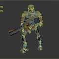 Brown Mechanical Robot With Red Eyes Holding Large Weapon In Standing Pose