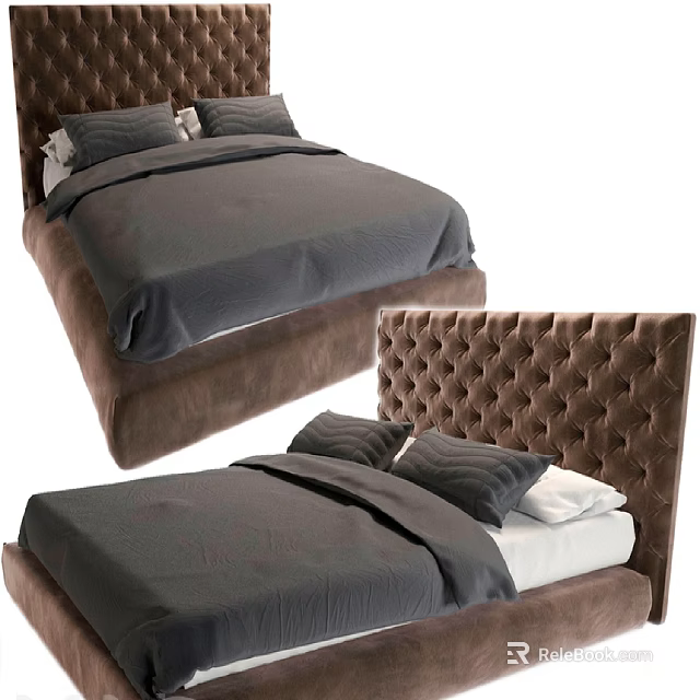 Modern Double Bed With Tufted Brown Upholstered Headboard And Gray Bedding 3d model