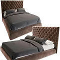 Modern Double Bed With Tufted Brown Upholstered Headboard And Gray Bedding 3d model