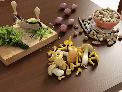 Fresh Cooking Ingredients On Wooden Table With Chopped Parsley Mushrooms Small Potatoes And Nut Bowl 3d model