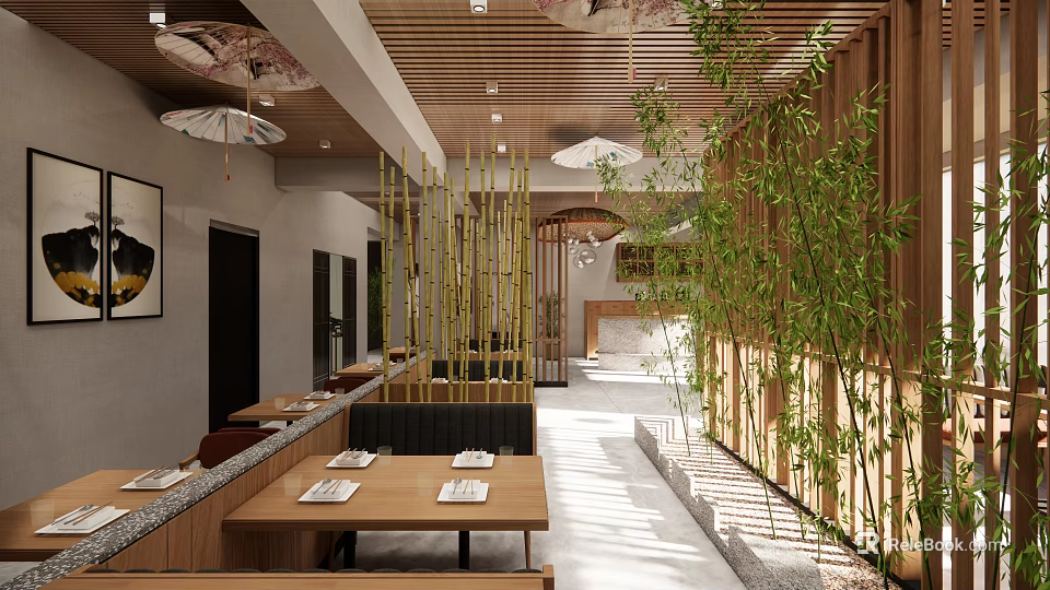 Japanese Style Restaurant Interior Featuring Bamboo Decor Wooden Ceiling And Dining Tables 3d model 