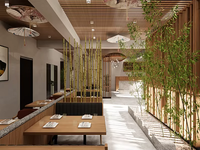 Japanese Style Restaurant Interior Featuring Bamboo Decor Wooden Ceiling And Dining Tables 3d model