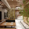 Japanese Style Restaurant Interior Featuring Bamboo Decor Wooden Ceiling And Dining Tables