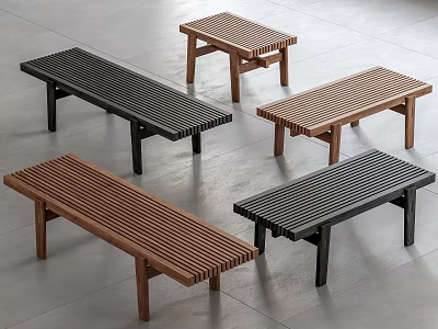 Modern Wooden Benches with Slatted Design in Black and Brown for Minimalist Interior 3d model