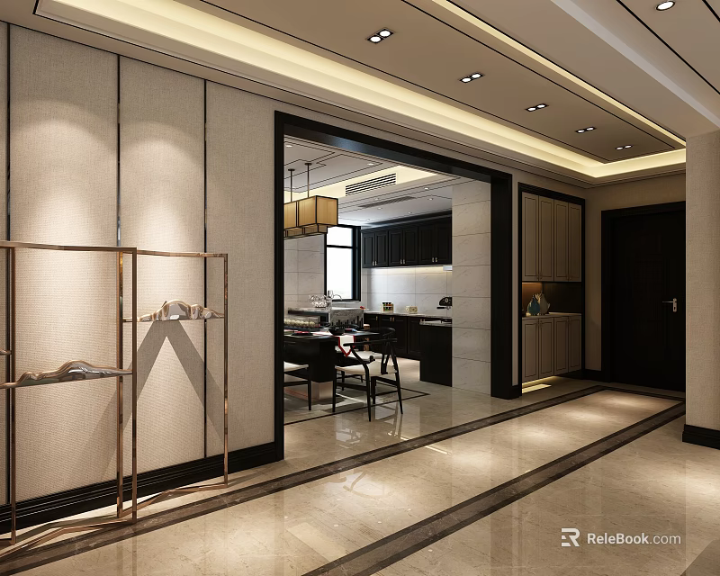 Modern Elegant Living And Dining Room With Open Marble Flooring Pendant Light And Black Cabinets 3d model 