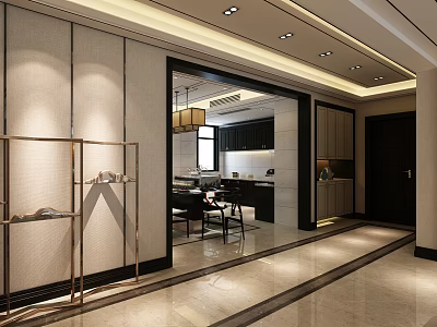 Modern Elegant Living And Dining Room With Open Marble Flooring Pendant Light And Black Cabinets 3d model