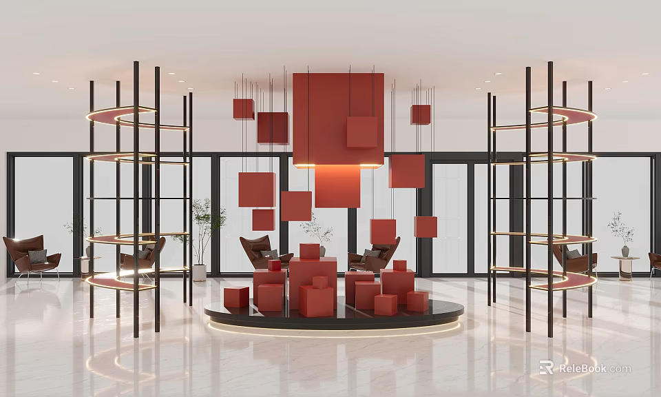 Bright Modern Interior Space Featuring Red Square Decorations Circular Platform And Metal Shelves 3d model 