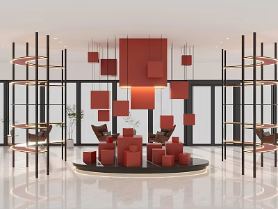 Bright Modern Interior Space Featuring Red Square Decorations Circular Platform And Metal Shelves 3d model