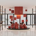 Bright Modern Interior Space Featuring Red Square Decorations Circular Platform And Metal Shelves