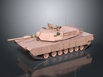 Modern Sand Colored Main Battle Tank With Cannon Tracks Turret Equipment On Reflective Surface 3d model